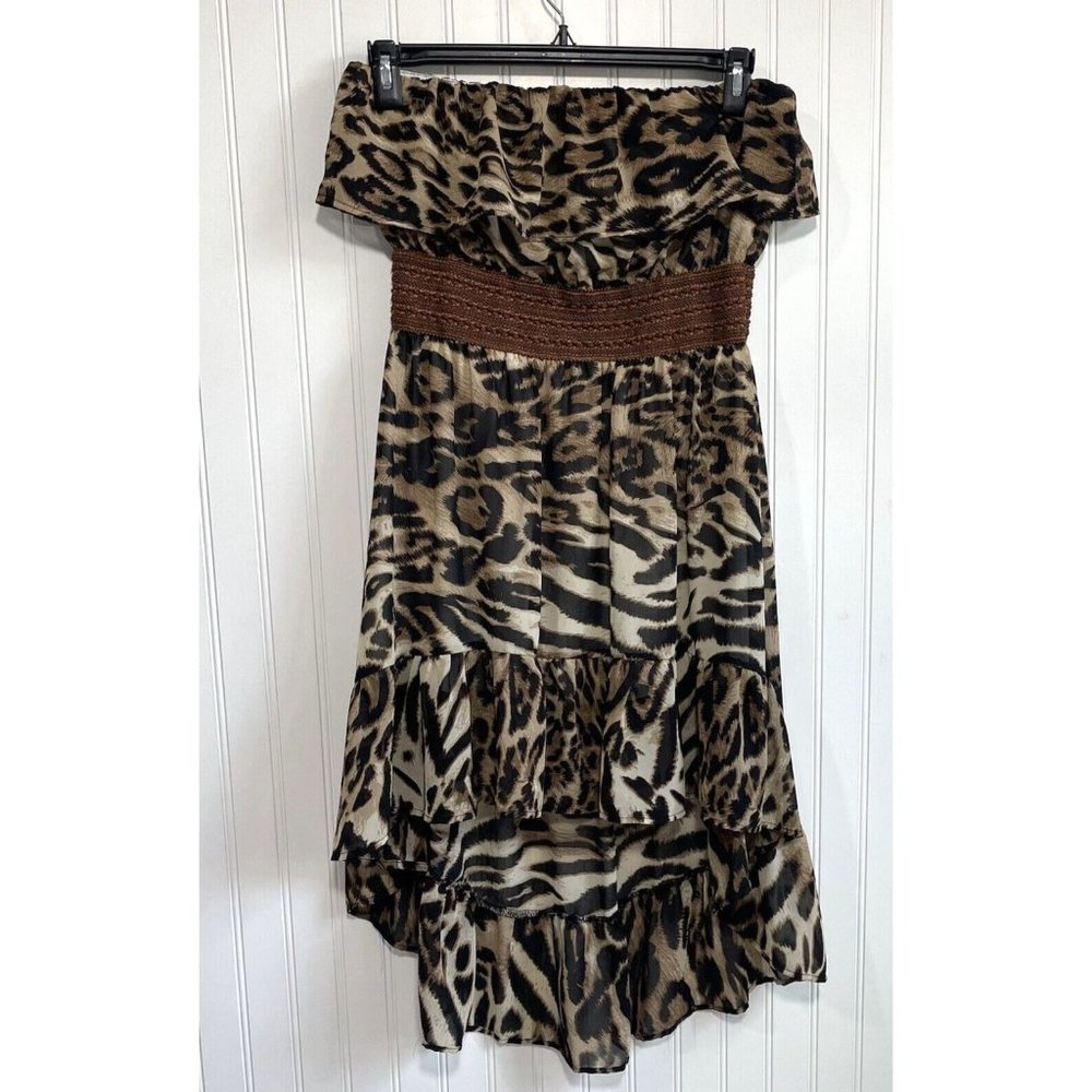 Cherry‎ Krave Dress Womens Large Animal Print Strapless Hi Lo Dress Ruffle Hems